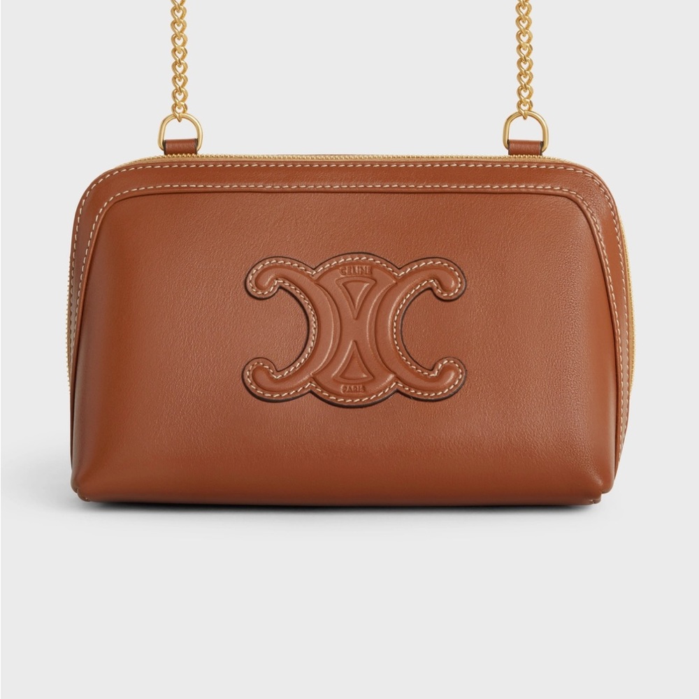 Celine mini triomphe tan leather clutch with chain